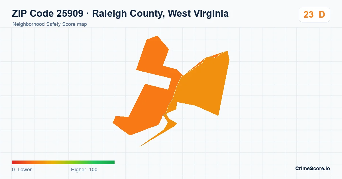 ZIP Code 25909 in Raleigh County, West Virginia neighborhood Safety Score map