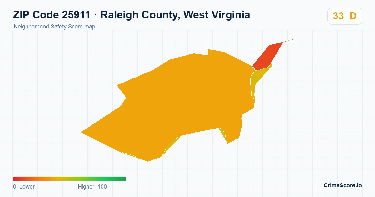 ZIP Code 25911 in Raleigh County, West Virginia neighborhood Safety Score map