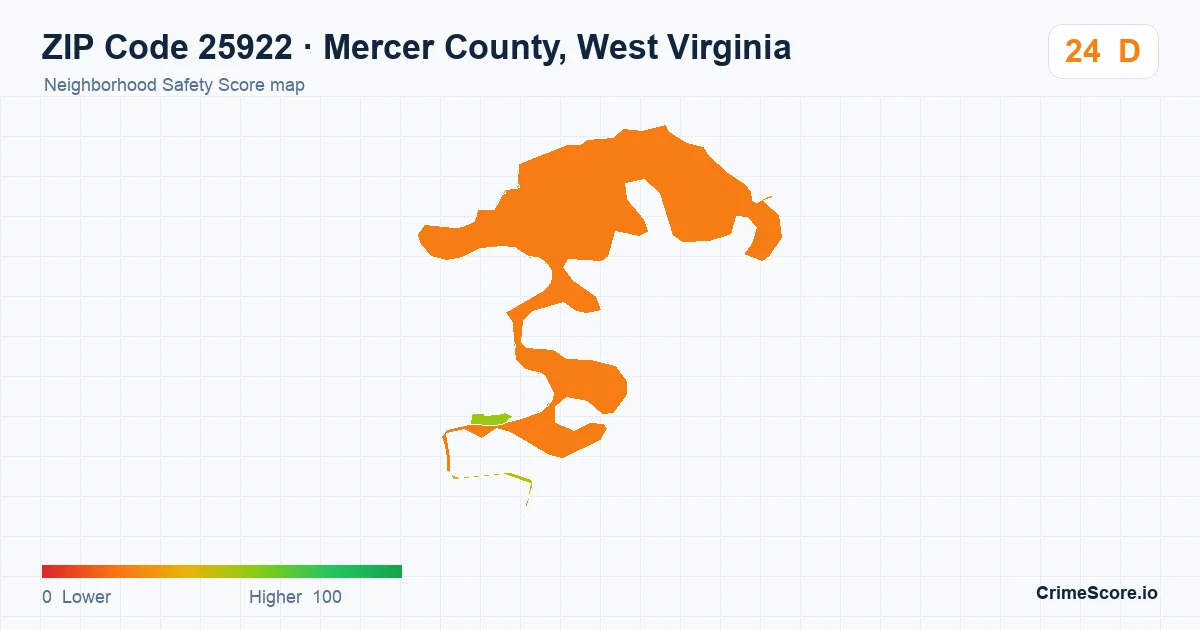 ZIP Code 25922 in Mercer County, West Virginia neighborhood Safety Score map