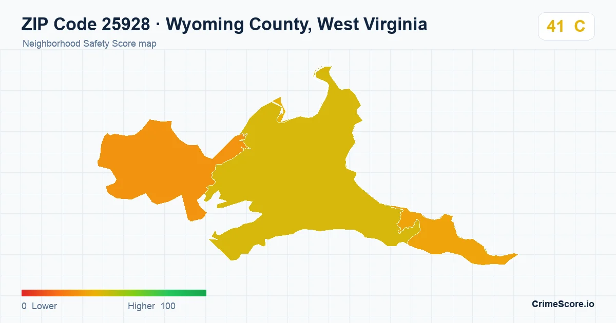 ZIP Code 25928 in Wyoming County, West Virginia neighborhood Safety Score map
