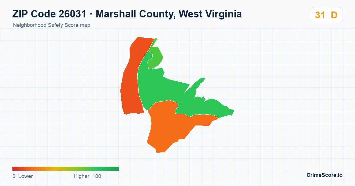 ZIP Code 26031 in Marshall County, West Virginia neighborhood Safety Score map