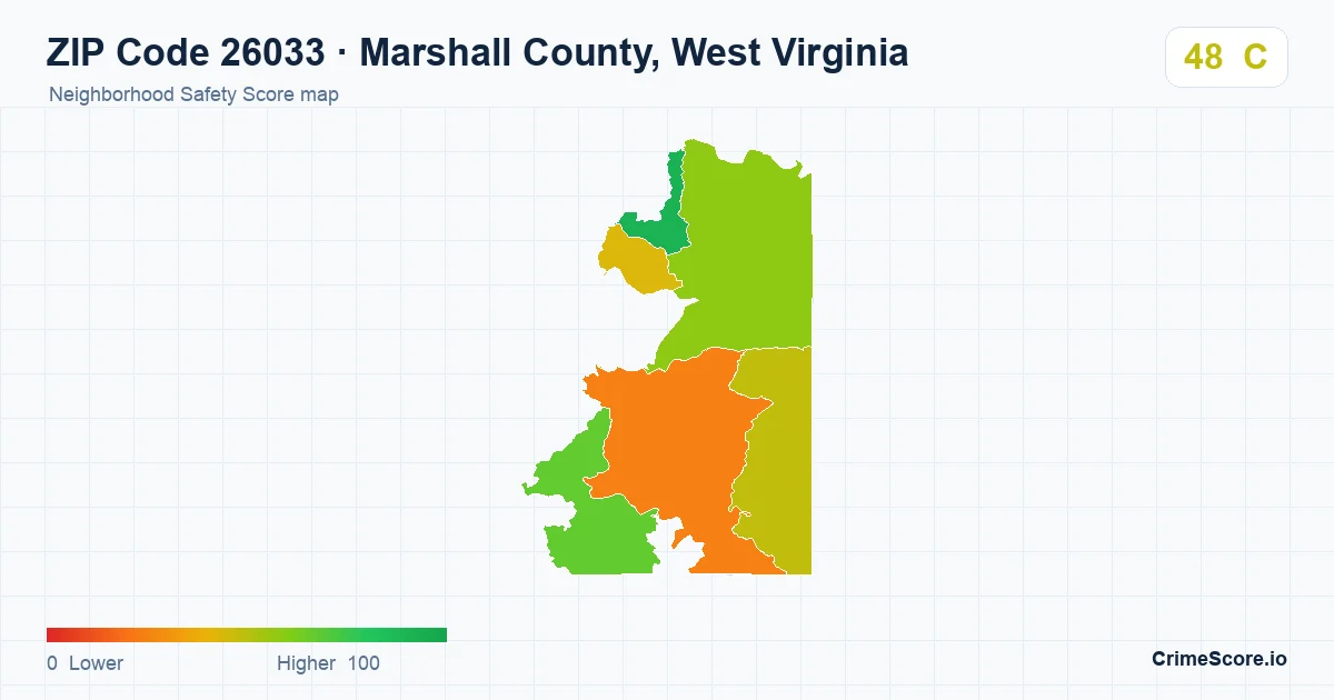ZIP Code 26033 in Marshall County, West Virginia neighborhood Safety Score map