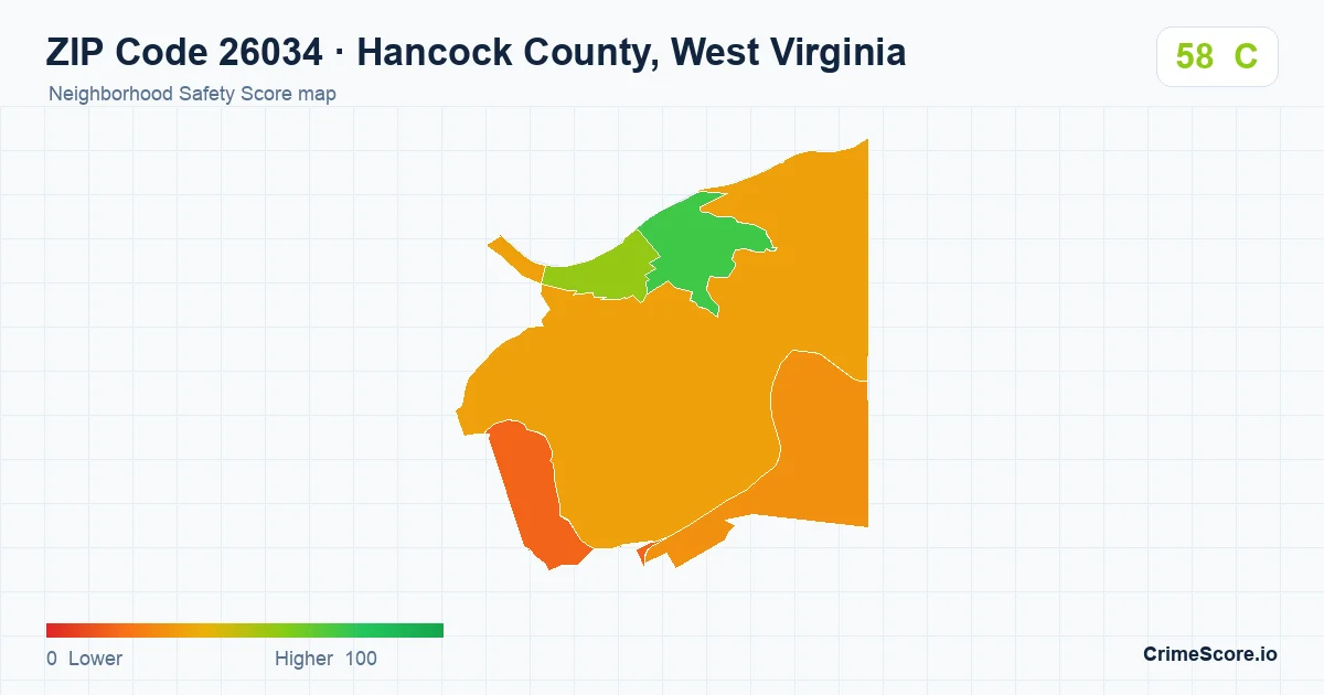 ZIP Code 26034 in Hancock County, West Virginia neighborhood Safety Score map