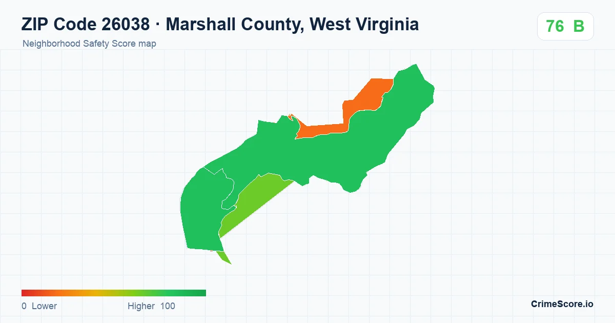 ZIP Code 26038 in Marshall County, West Virginia neighborhood Safety Score map