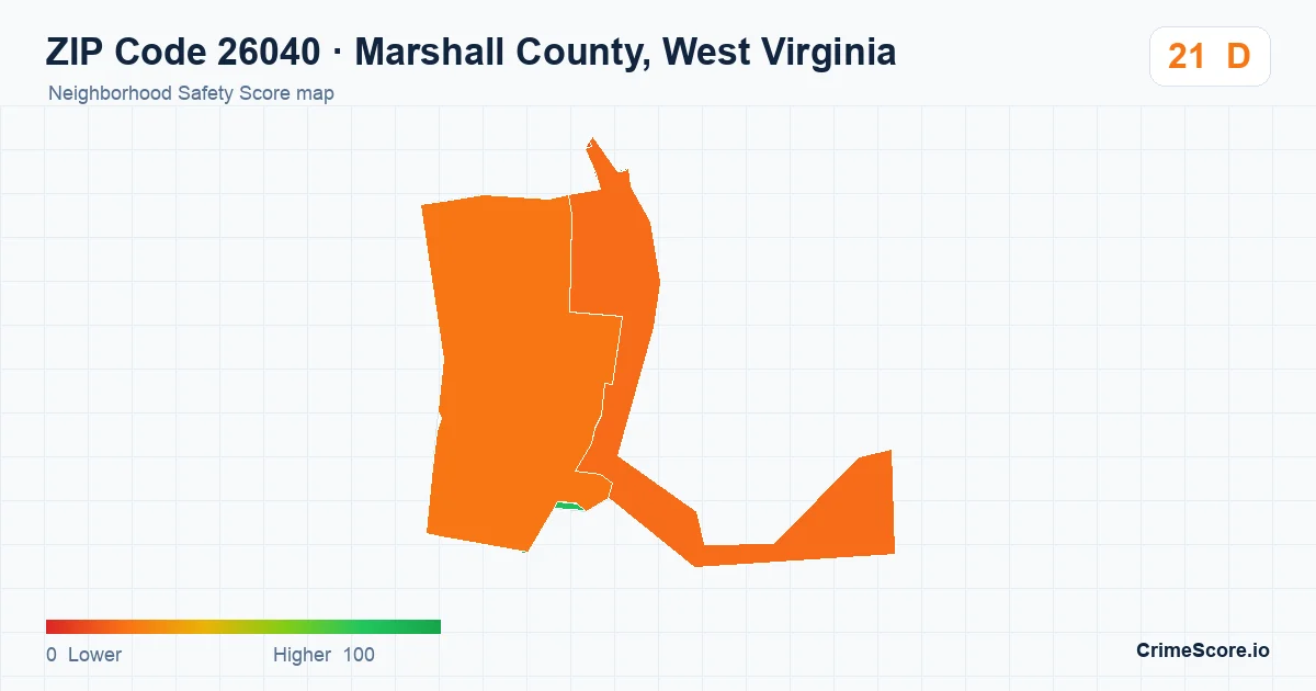 ZIP Code 26040 in Marshall County, West Virginia neighborhood Safety Score map