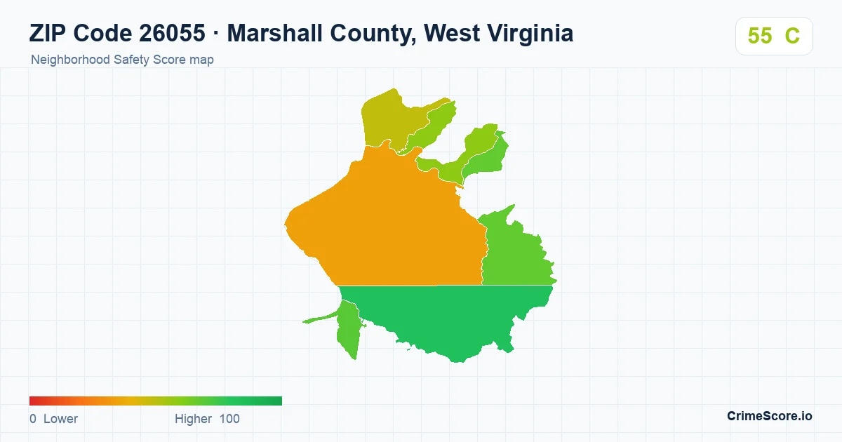 ZIP Code 26055 in Marshall County, West Virginia neighborhood Safety Score map