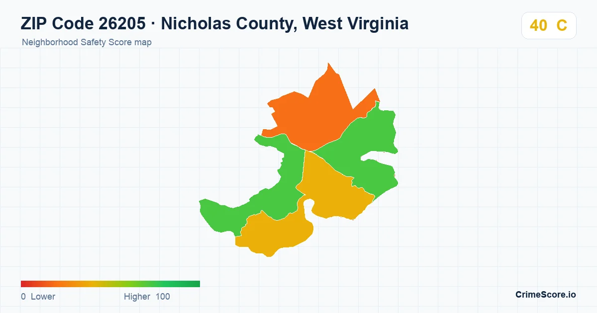 ZIP Code 26205 in Nicholas County, West Virginia neighborhood Safety Score map