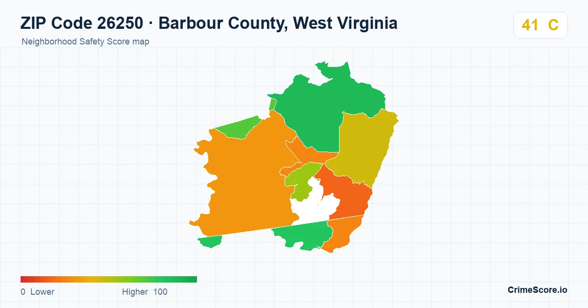 ZIP Code 26250 in Barbour County, West Virginia neighborhood Safety Score map