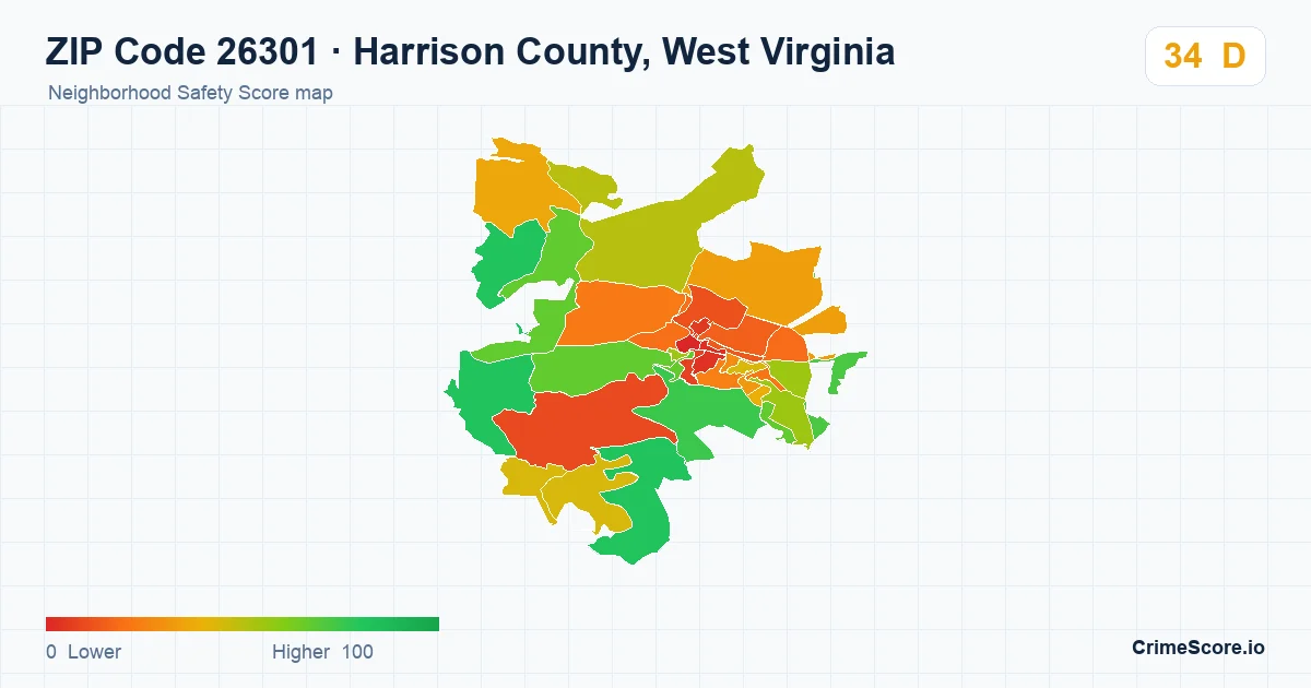 ZIP Code 26301 in Harrison County, West Virginia neighborhood Safety Score map