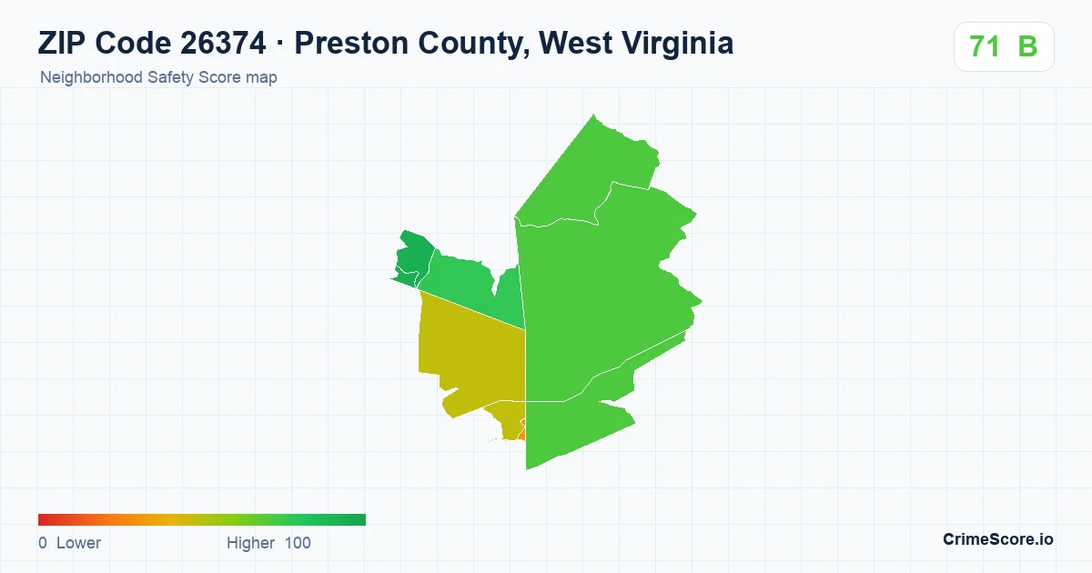 ZIP Code 26374 in Preston County, West Virginia neighborhood Safety Score map