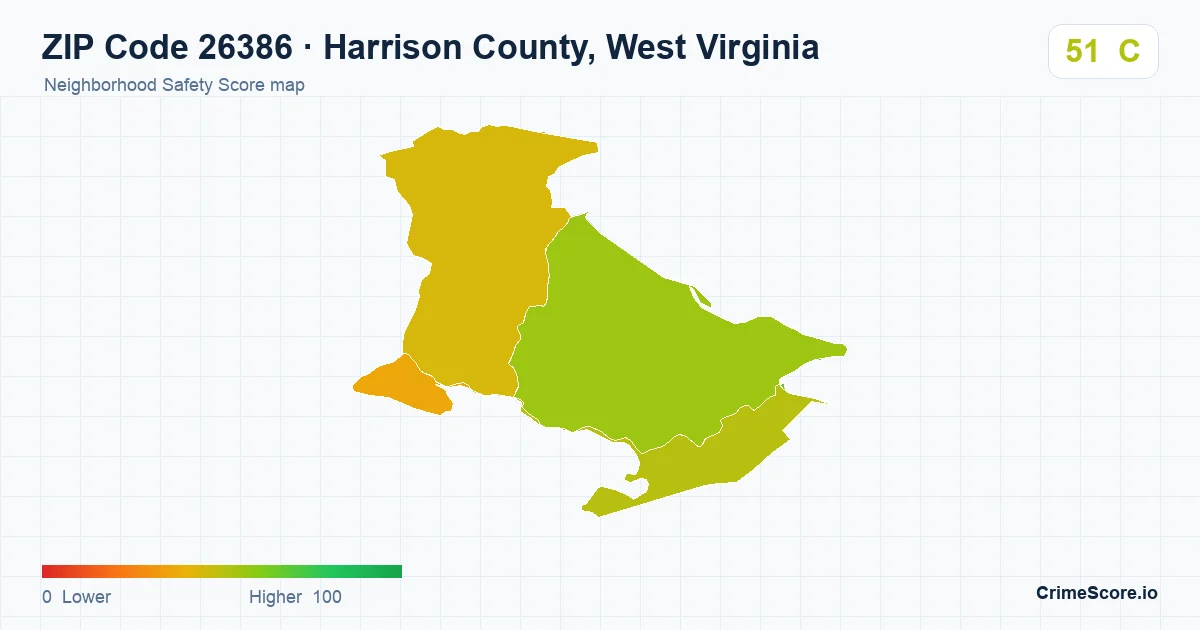 ZIP Code 26386 in Harrison County, West Virginia neighborhood Safety Score map