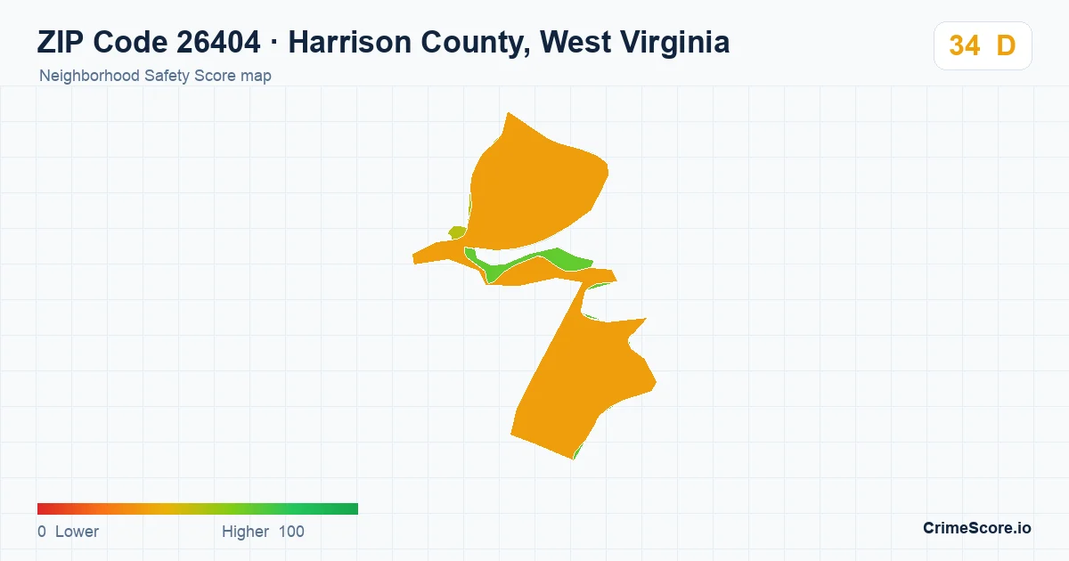 ZIP Code 26404 in Harrison County, West Virginia neighborhood Safety Score map