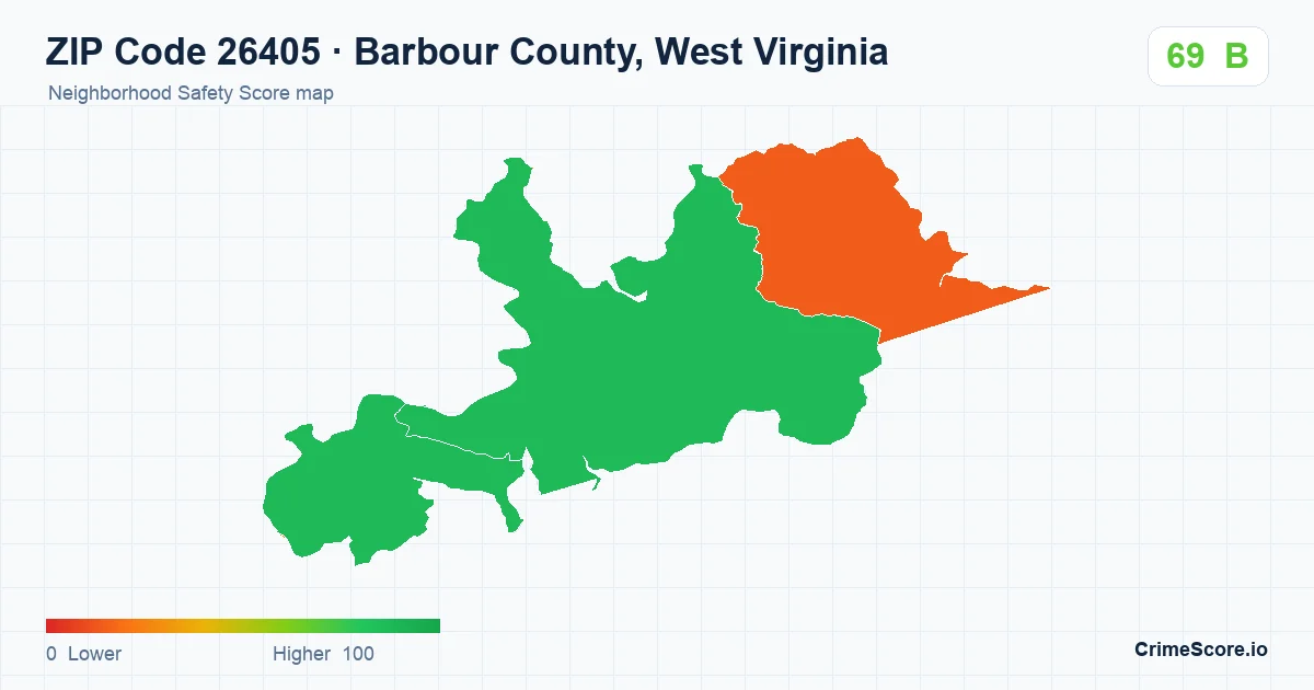 ZIP Code 26405 in Barbour County, West Virginia neighborhood Safety Score map