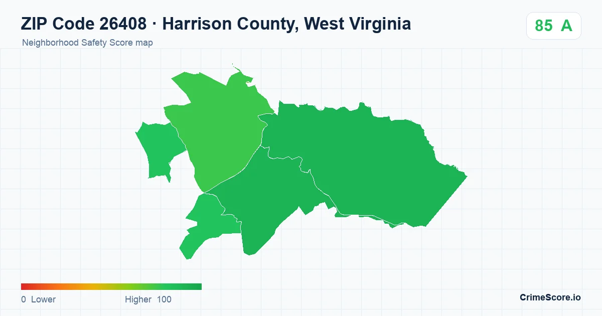 ZIP Code 26408 in Harrison County, West Virginia neighborhood Safety Score map
