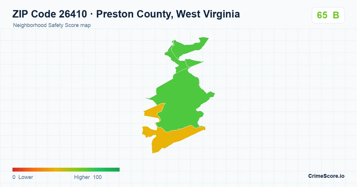ZIP Code 26410 in Preston County, West Virginia neighborhood Safety Score map