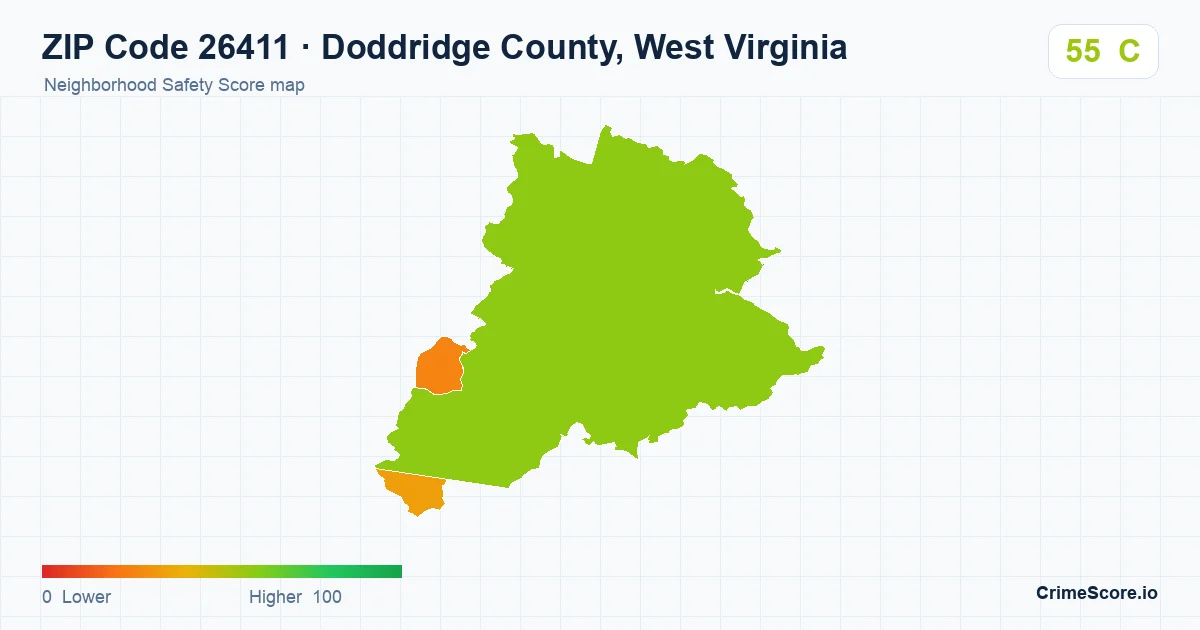 ZIP Code 26411 in Doddridge County, West Virginia neighborhood Safety Score map