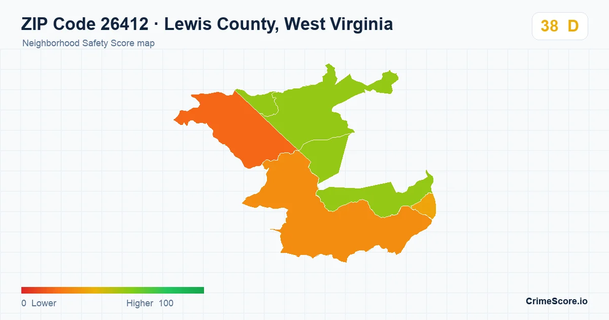 ZIP Code 26412 in Lewis County, West Virginia neighborhood Safety Score map