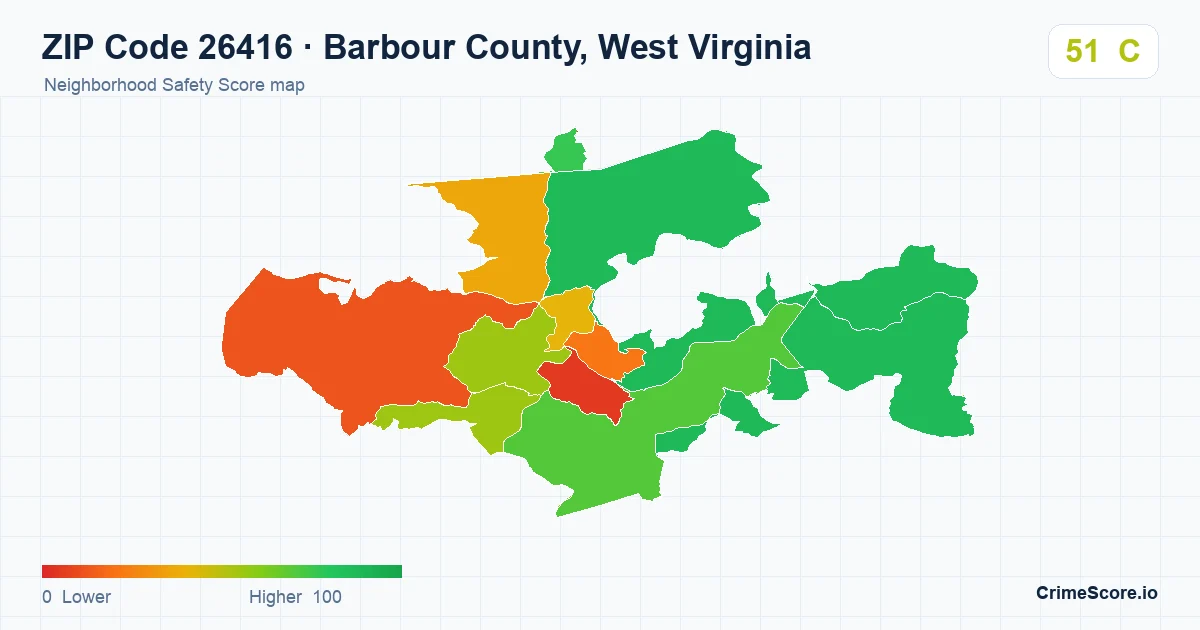 ZIP Code 26416 in Barbour County, West Virginia neighborhood Safety Score map