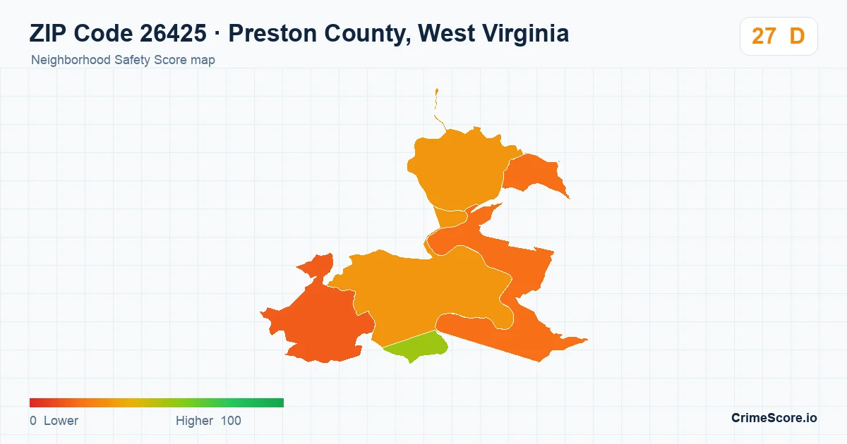 ZIP Code 26425 in Preston County, West Virginia neighborhood Safety Score map