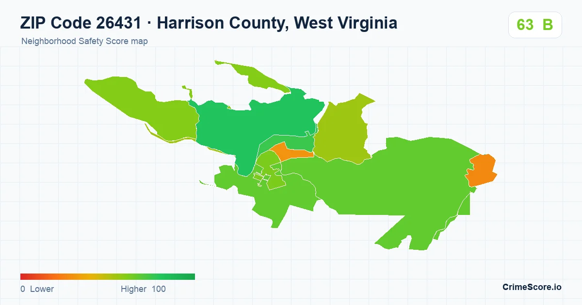 ZIP Code 26431 in Harrison County, West Virginia neighborhood Safety Score map