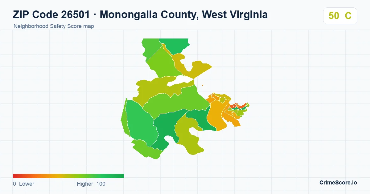 ZIP Code 26501 in Monongalia County, West Virginia neighborhood Safety Score map