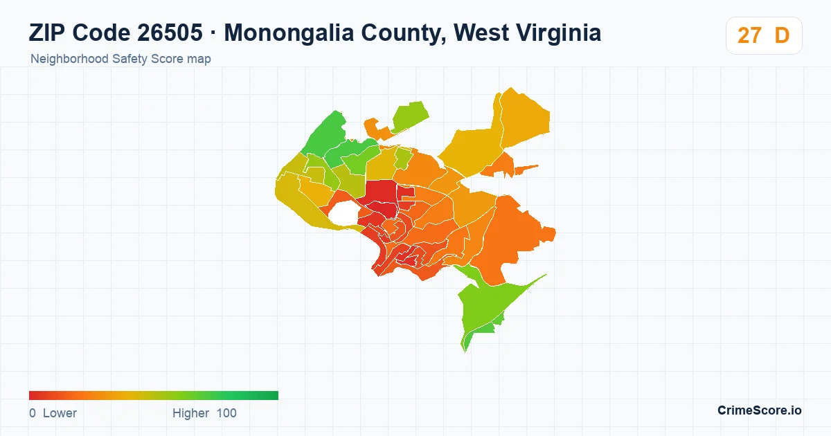 ZIP Code 26505 in Monongalia County, West Virginia neighborhood Safety Score map