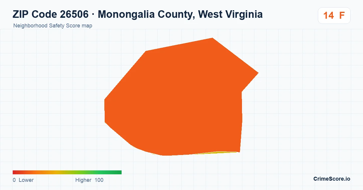 ZIP Code 26506 in Monongalia County, West Virginia neighborhood Safety Score map