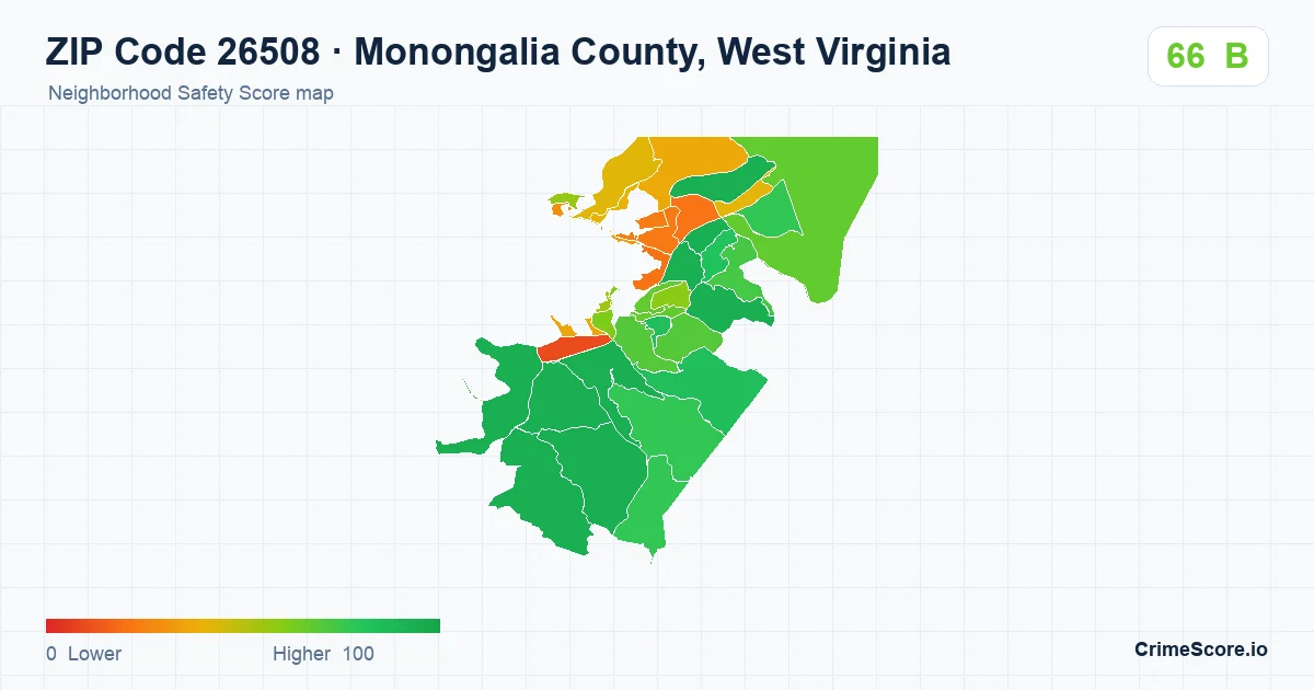 ZIP Code 26508 in Monongalia County, West Virginia neighborhood Safety Score map