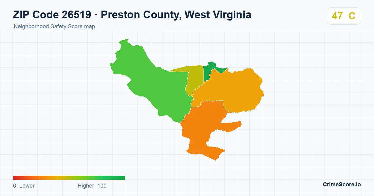 ZIP Code 26519 in Preston County, West Virginia neighborhood Safety Score map