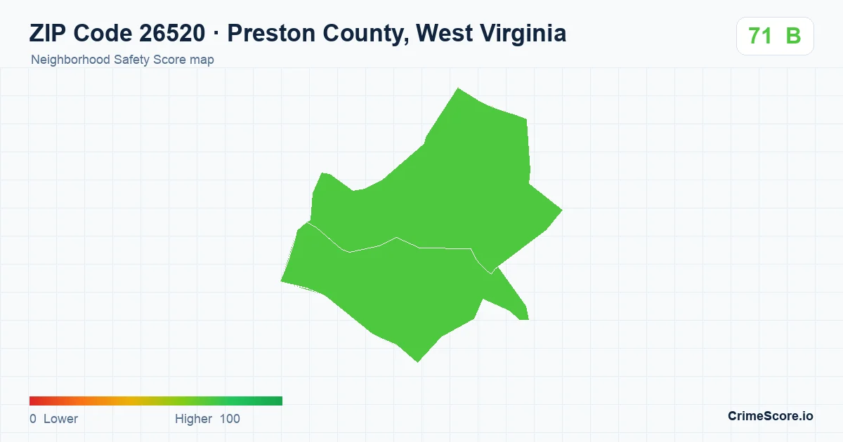 ZIP Code 26520 in Preston County, West Virginia neighborhood Safety Score map