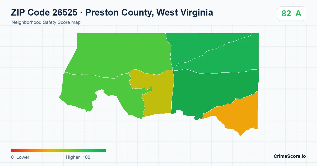 ZIP Code 26525 in Preston County, West Virginia neighborhood Safety Score map