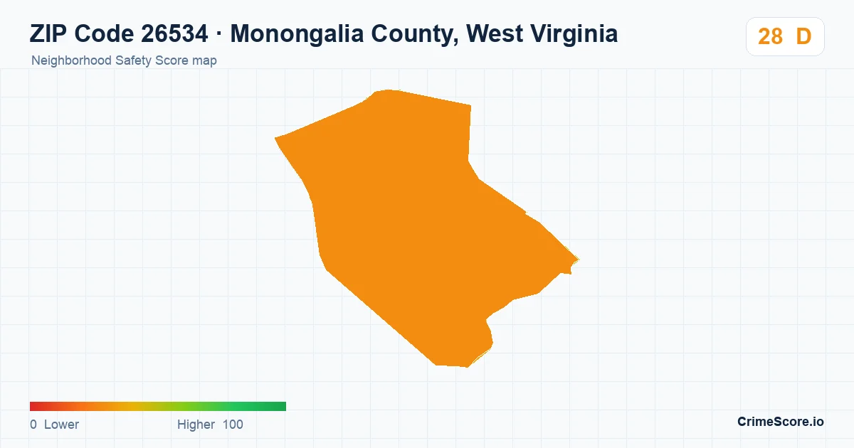 ZIP Code 26534 in Monongalia County, West Virginia neighborhood Safety Score map