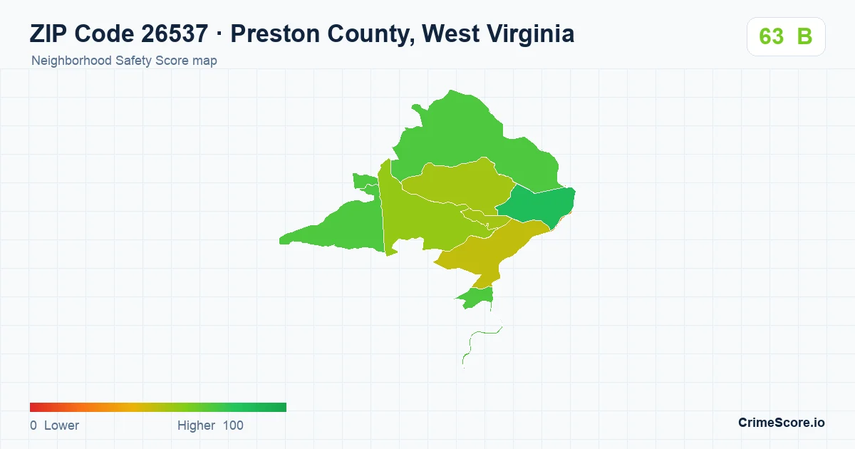 ZIP Code 26537 in Preston County, West Virginia neighborhood Safety Score map