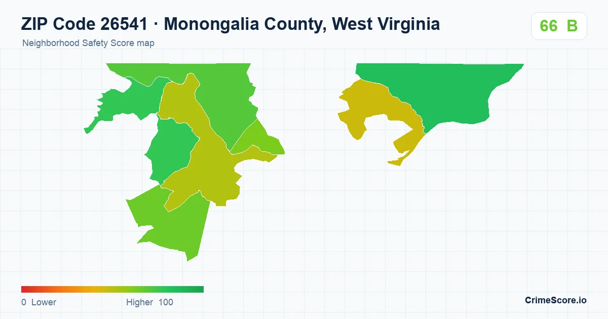 ZIP Code 26541 in Monongalia County, West Virginia neighborhood Safety Score map