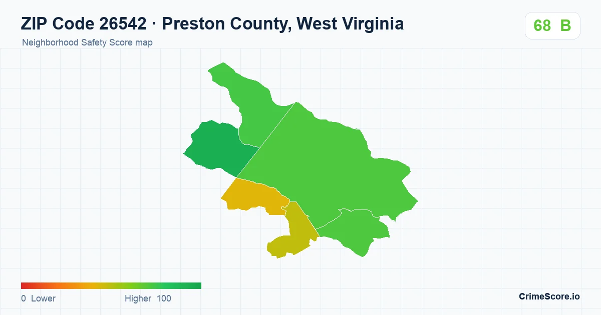 ZIP Code 26542 in Preston County, West Virginia neighborhood Safety Score map