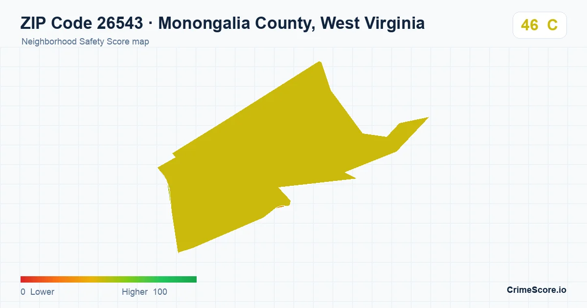 ZIP Code 26543 in Monongalia County, West Virginia neighborhood Safety Score map