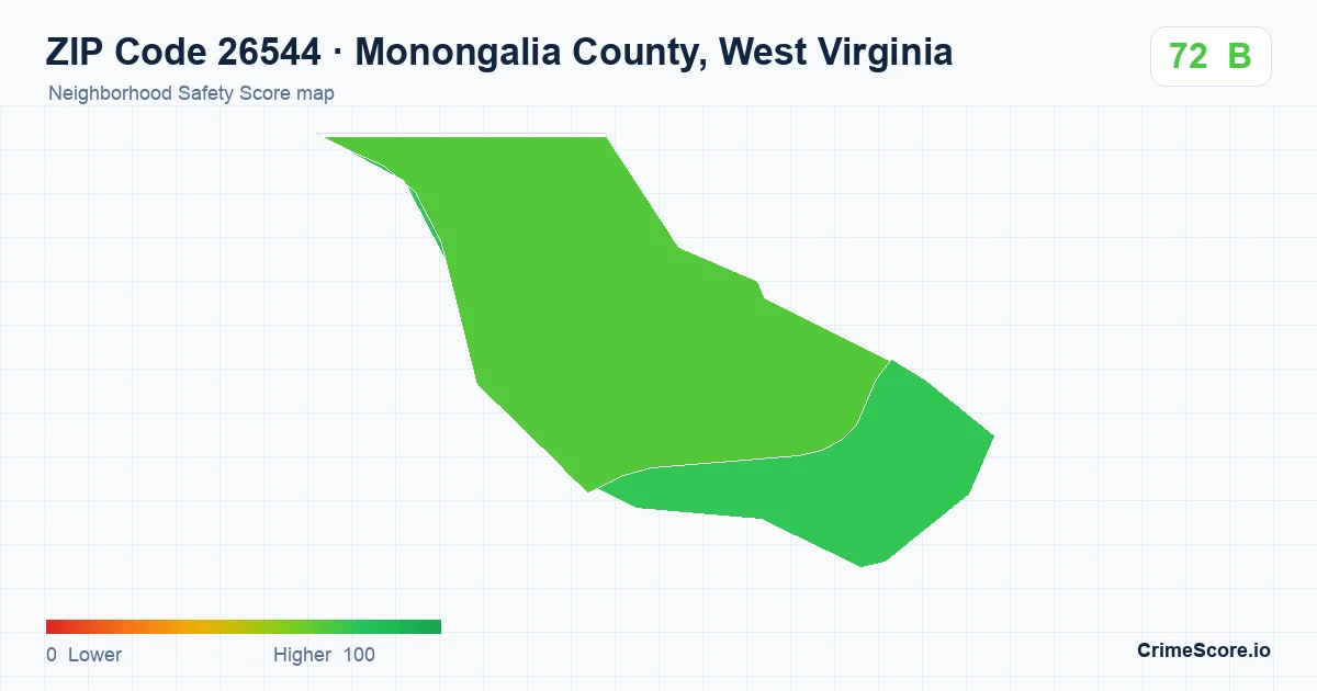 ZIP Code 26544 in Monongalia County, West Virginia neighborhood Safety Score map