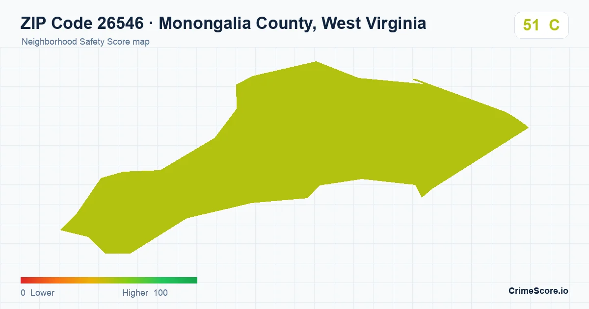 ZIP Code 26546 in Monongalia County, West Virginia neighborhood Safety Score map