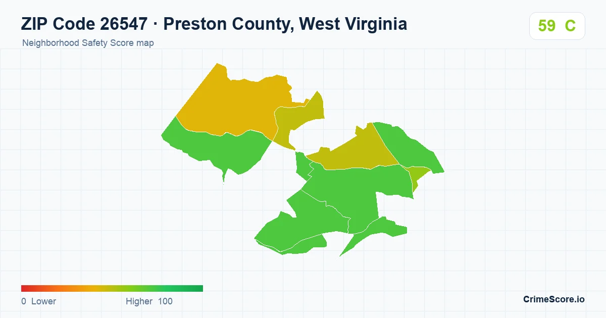 ZIP Code 26547 in Preston County, West Virginia neighborhood Safety Score map
