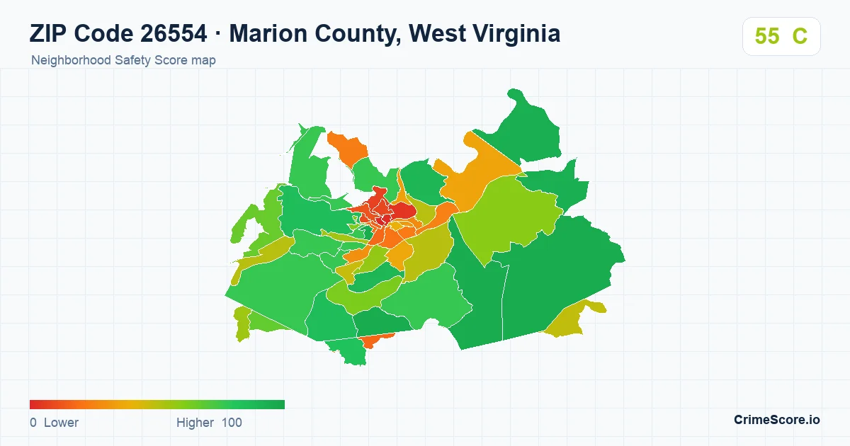 ZIP Code 26554 in Marion County, West Virginia neighborhood Safety Score map