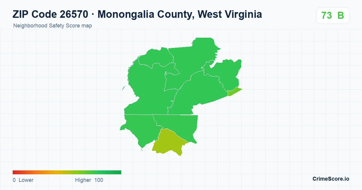 ZIP Code 26570 in Monongalia County, West Virginia neighborhood Safety Score map