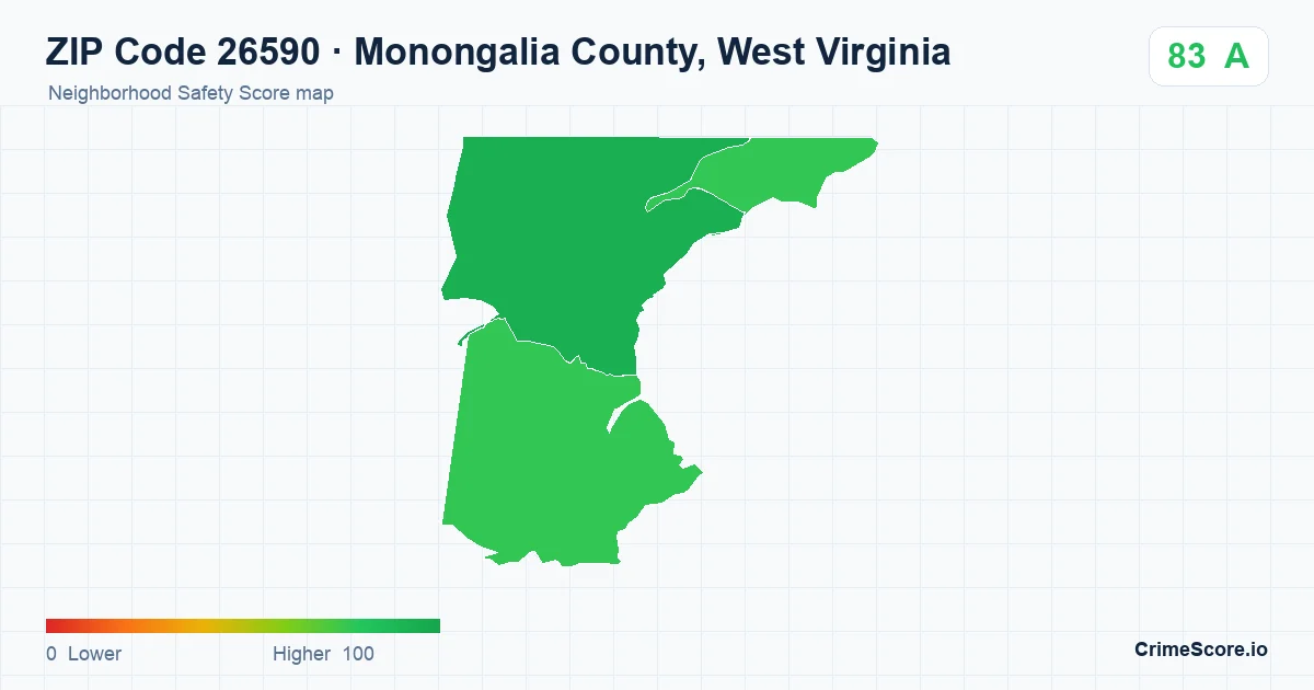 ZIP Code 26590 in Monongalia County, West Virginia neighborhood Safety Score map