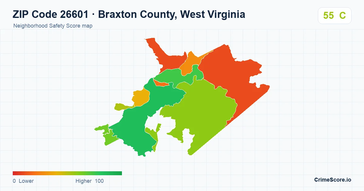 ZIP Code 26601 in Braxton County, West Virginia neighborhood Safety Score map