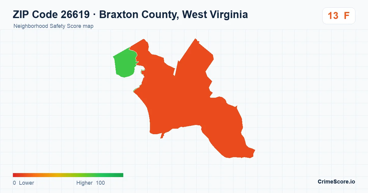 ZIP Code 26619 in Braxton County, West Virginia neighborhood Safety Score map