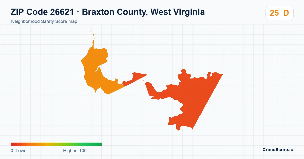 ZIP Code 26621 in Braxton County, West Virginia neighborhood Safety Score map