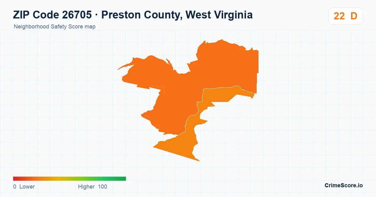 ZIP Code 26705 in Preston County, West Virginia neighborhood Safety Score map