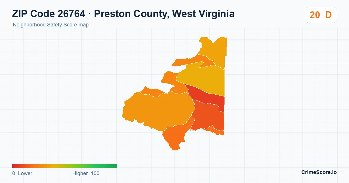 ZIP Code 26764 in Preston County, West Virginia neighborhood Safety Score map
