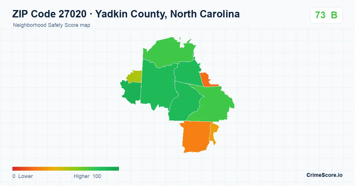 ZIP Code 27020 in Yadkin County, North Carolina neighborhood Safety Score map