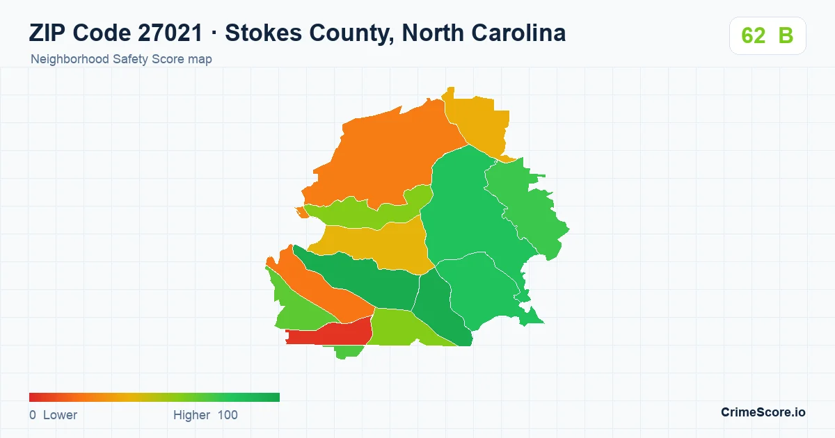 ZIP Code 27021 in Stokes County, North Carolina neighborhood Safety Score map
