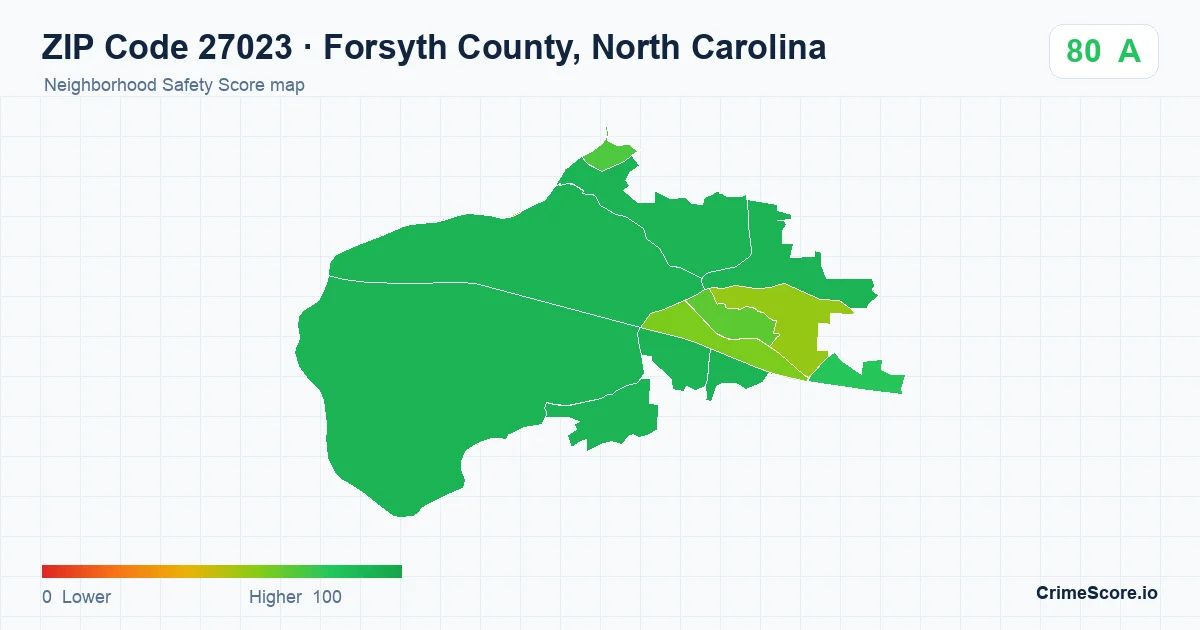 ZIP Code 27023 in Forsyth County, North Carolina neighborhood Safety Score map